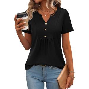 Zeagoo Womens Short Sleeve Tops Summer Henley V-Neck Tshirts Casual Pleated Blouse Dressy Loose Floral Basic Tee(Solid Black)