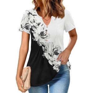 Zeagoo Womens Short Sleeve Tops Summer Henley V-Neck Tshirts Casual Pleated Blouse Dressy Loose Floral Basic Tee(White+black Floral)