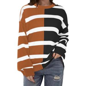 Zeagoo Womens Striped Oversized Sweater 2025 Crew Neck Long Sleeve Knitted Color Block Casual Loose Pullover Top(Brown&black Stripe)