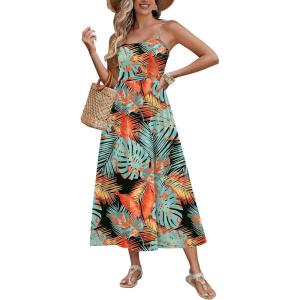 Zeagoo Women’s Summer Casual Boho Sundress Spaghetti Strap Square Neck Flowy Midi Dresses A Line Beach Dress with Pockets(A02-green Leaves)