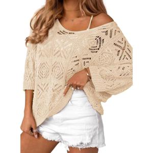 Zeagoo Women’s Summer Crochet Off The Shoulder Hollow Out Knit Tops 2025 V Neck 3/4 Sleeve Sweater Top(Apricot)