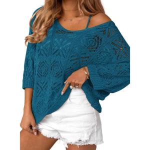 Zeagoo Women’s Summer Crochet Off The Shoulder Hollow Out Knit Tops 2025 V Neck 3/4 Sleeve Sweater Top(Cyan)