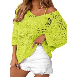 Zeagoo Women’s Summer Crochet Off The Shoulder Hollow Out Knit Tops 2025 V Neck 3/4 Sleeve Sweater Top(Green)