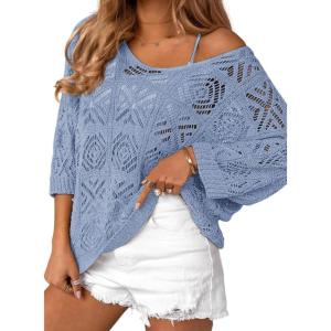 Zeagoo Women’s Summer Crochet Off The Shoulder Hollow Out Knit Tops 2025 V Neck 3/4 Sleeve Sweater Top(Light Blue)