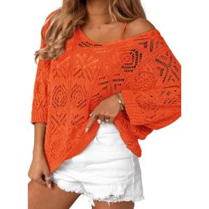 Zeagoo Women’s Summer Crochet Off The Shoulder Hollow Out Knit Tops 2025 V Neck 3/4 Sleeve Sweater Top(Orange)
