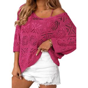 Zeagoo Women’s Summer Crochet Off The Shoulder Hollow Out Knit Tops 2025 V Neck 3/4 Sleeve Sweater Top(Rose Red)