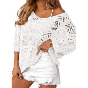 Zeagoo Women’s Summer Crochet Off The Shoulder Hollow Out Knit Tops 2025 V Neck 3/4 Sleeve Sweater Top(White)