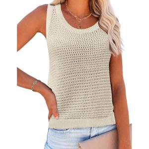 Zeagoo Womens Summer Crochet Sleeveless Sweater Vest Round Neck Hollow Out Knit Tank Tops Casual Loose Cami Tops(Beige)