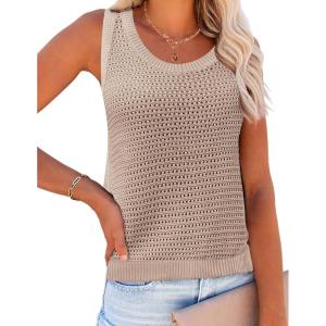 Zeagoo Womens Summer Crochet Sleeveless Sweater Vest Round Neck Hollow Out Knit Tank Tops Casual Loose Cami Tops(Khaki)