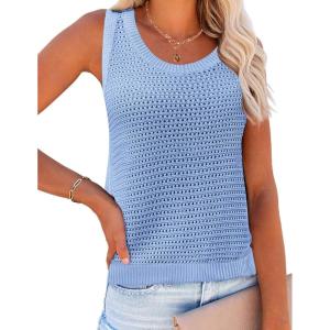 Zeagoo Womens Summer Crochet Sleeveless Sweater Vest Round Neck Hollow Out Knit Tank Tops Casual Loose Cami Tops(Light Blue)