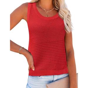 Zeagoo Womens Summer Crochet Sleeveless Sweater Vest Round Neck Hollow Out Knit Tank Tops Casual Loose Cami Tops(Red)
