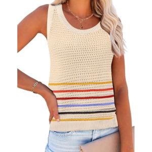 Zeagoo Womens Summer Crochet Sleeveless Sweater Vest Round Neck Hollow Out Knit Tank Tops Casual Loose Cami Tops(Tw231- Colorful Stripe)