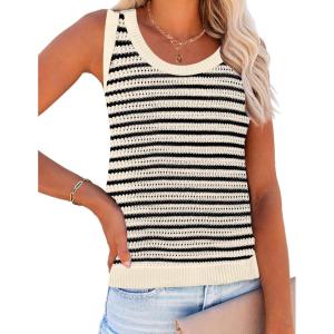 Zeagoo Womens Summer Crochet Sleeveless Sweater Vest Round Neck Hollow Out Knit Tank Tops Casual Loose Cami Tops(Tw467- Stripe Beige)