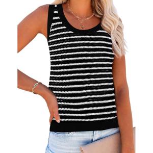 Zeagoo Womens Summer Crochet Sleeveless Sweater Vest Round Neck Hollow Out Knit Tank Tops Casual Loose Cami Tops(Tw599- Stripe White)