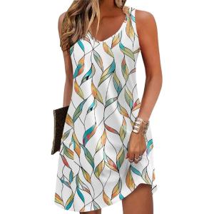 Zeagoo Womens Summer Dress 2026 Loose V Neck Sleeveless Sundresses Swimsuit Coverup with Pockets Floral Tank Dresses(White Leaf-printed)