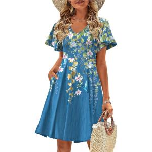 Zeagoo Womens Summer Dress Casual Swing Floral Ruffle Short Sleeve Sundresses Beach Mini A-line Shift Dress 2026 with Pockets(Blue Sf223)