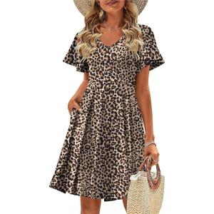 Zeagoo Womens Summer Dress Casual Swing Floral Ruffle Short Sleeve Sundresses Beach Mini A-line Shift Dress 2026 with Pockets(Leopard Print)