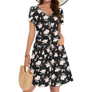 Zeagoo Womens Summer Dress Mini Petal Short Sleeve Dresses Pleated Button Down V Neck Floral Beach Swing Vacation Dress 2025(Floral Black White)
