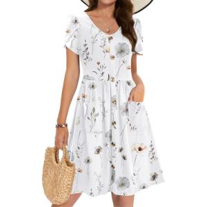 Zeagoo Womens Summer Dress Mini Petal Short Sleeve Dresses Pleated Button Down V Neck Floral Beach Swing Vacation Dress 2025(Floral White)