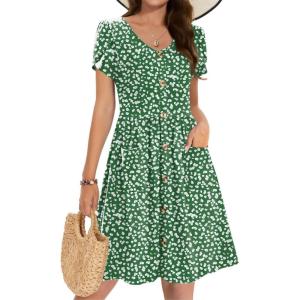 Zeagoo Womens Summer Dress Mini Petal Short Sleeve Dresses Pleated Button Down V Neck Floral Beach Swing Vacation Dress 2025(Jh560)