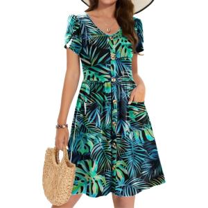 Zeagoo Womens Summer Dress Mini Petal Short Sleeve Dresses Pleated Button Down V Neck Floral Beach Swing Vacation Dress 2025(Leaf Green 2)