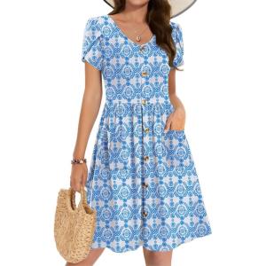 Zeagoo Womens Summer Dress Mini Petal Short Sleeve Dresses Pleated Button Down V Neck Floral Beach Swing Vacation Dress 2025(Picture-749)