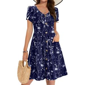 Zeagoo Womens Summer Dress Mini Petal Short Sleeve Dresses Pleated Button Down V Neck Floral Beach Swing Vacation Dress 2025(Sf180)