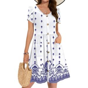 Zeagoo Womens Summer Dress Mini Petal Short Sleeve Dresses Pleated Button Down V Neck Floral Beach Swing Vacation Dress 2025(Yg1)