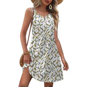 Zeagoo Womens Summer Dresses V Neck Sleeveless Sundresses Boho Beach Dress with Pockets A Line Tshirt Tank Dress(01-green Floral 2)