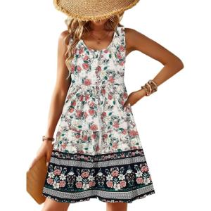 Zeagoo Womens Summer Sundress Boho Floral Casual Tank Dresses with Pockets Sleeveless Tiered Swing A Line Beach Dress(Beige Red Floral)