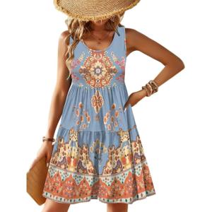 Zeagoo Womens Summer Sundress Boho Floral Casual Tank Dresses with Pockets Sleeveless Tiered Swing A Line Beach Dress(Blue Red Floral)