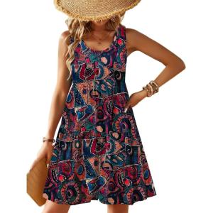 Zeagoo Womens Summer Sundress Boho Floral Casual Tank Dresses with Pockets Sleeveless Tiered Swing A Line Beach Dress(Red Floral)