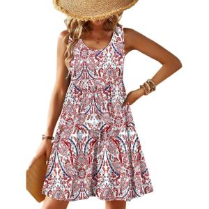 Zeagoo Womens Summer Sundress Boho Floral Casual Tank Dresses with Pockets Sleeveless Tiered Swing A Line Beach Dress(White Red Floral)
