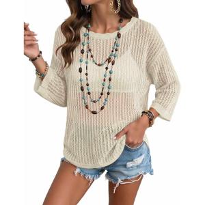 Zeagoo Womens Summer Tops Crochet Sweaters Resort Wear 3/4 Sleeve Hollow Out Knit Tops 2026 Beach Coverup(Apricot)