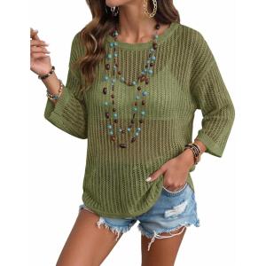 Zeagoo Womens Summer Tops Crochet Sweaters Resort Wear 3/4 Sleeve Hollow Out Knit Tops 2026 Beach Coverup(Army Green)