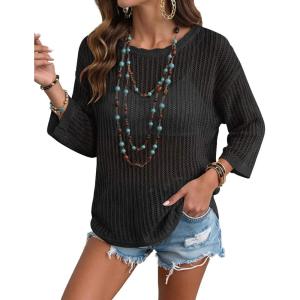 Zeagoo Womens Summer Tops Crochet Sweaters Resort Wear 3/4 Sleeve Hollow Out Knit Tops 2026 Beach Coverup(Black)