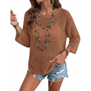 Zeagoo Womens Summer Tops Crochet Sweaters Resort Wear 3/4 Sleeve Hollow Out Knit Tops 2026 Beach Coverup(Caramel)