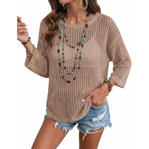 Zeagoo Womens Summer Tops Crochet Sweaters Resort Wear 3/4 Sleeve Hollow Out Knit Tops 2026 Beach Coverup(Khaki)