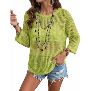 Zeagoo Womens Summer Tops Crochet Sweaters Resort Wear 3/4 Sleeve Hollow Out Knit Tops 2026 Beach Coverup(Lemon)