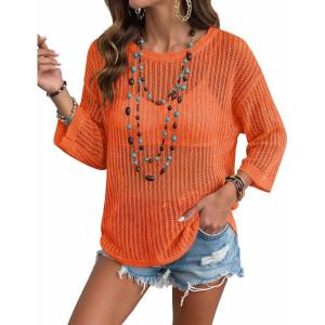 Zeagoo Womens Summer Tops Crochet Sweaters Resort Wear 3/4 Sleeve Hollow Out Knit Tops 2026 Beach Coverup(Orange)