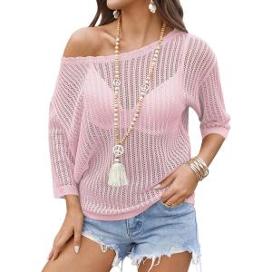 Zeagoo Womens Summer Tops Crochet Sweaters Resort Wear 3/4 Sleeve Hollow Out Knit Tops 2026 Beach Coverup(Pink)
