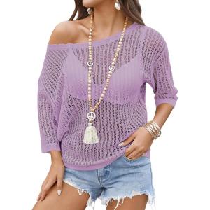 Zeagoo Womens Summer Tops Crochet Sweaters Resort Wear 3/4 Sleeve Hollow Out Knit Tops 2026 Beach Coverup(Purple)