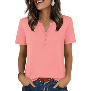 Zeagoo Womens Summer Tops V Neck Short Sleeve Shirts Dressy Casual Blouse Spring Vacation Tshirts Clothes(Coral)