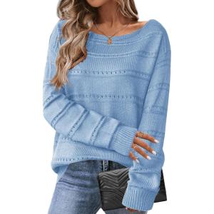 Zeagoo Womens Sweaters Cute Long Sleeve Off The Shoulder Pullover Tops Hollow Out Crochet Dressy Casual Outfits(A-baby Blue)