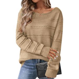 Zeagoo Womens Sweaters Cute Long Sleeve Off The Shoulder Pullover Tops Hollow Out Crochet Dressy Casual Outfits(A-khaki)