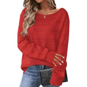 Zeagoo Womens Sweaters Cute Long Sleeve Off The Shoulder Pullover Tops Hollow Out Crochet Dressy Casual Outfits(A-red)