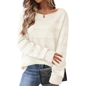 Zeagoo Womens Sweaters Cute Long Sleeve Off The Shoulder Pullover Tops Hollow Out Crochet Dressy Casual Outfits(A-white)