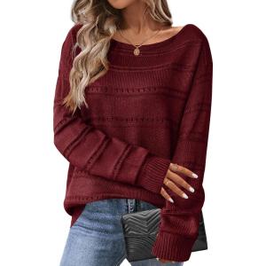 Zeagoo Womens Sweaters Cute Long Sleeve Off The Shoulder Pullover Tops Hollow Out Crochet Dressy Casual Outfits(A-wine Red)