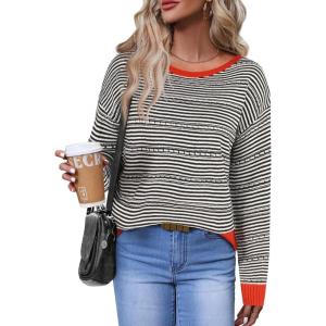 Zeagoo Womens Sweaters Cute Long Sleeve Off The Shoulder Pullover Tops Hollow Out Crochet Dressy Casual Outfits(Black Stripe)