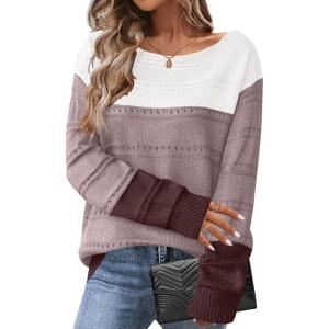 Zeagoo Womens Sweaters Cute Long Sleeve Off The Shoulder Pullover Tops Hollow Out Crochet Dressy Casual Outfits(Colorblock 284)